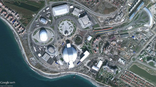 Aerial photograph of Sochi after the Olympic games. All the agriculture has disapeared and large stadiums and buildings have been built in the area.